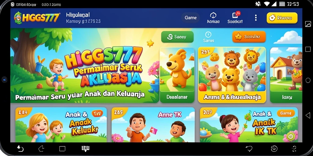 Antarmuka menarik dan berwarna-warni dari HIGGS777 untuk anak-anak.