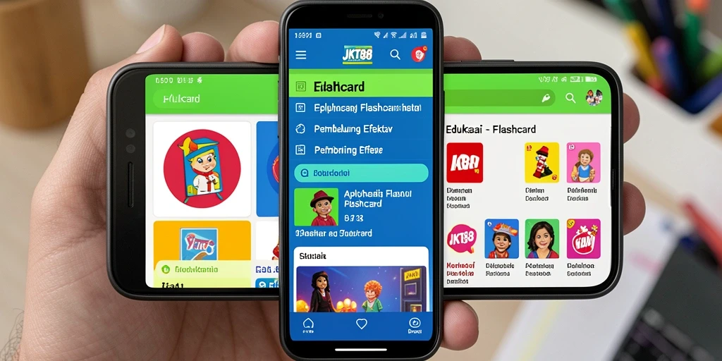 Tampilan antarmuka aplikasi JKT88 dengan fitur Flashcard yang interaktif.