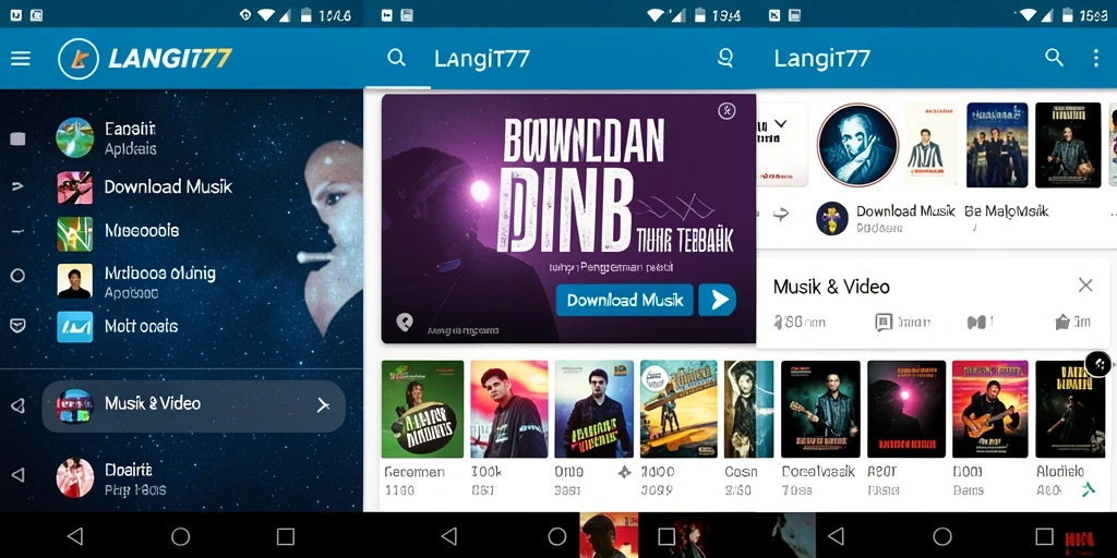 Tampilan antarmuka aplikasi LANGIT77 memudahkan pengunduhan musik.