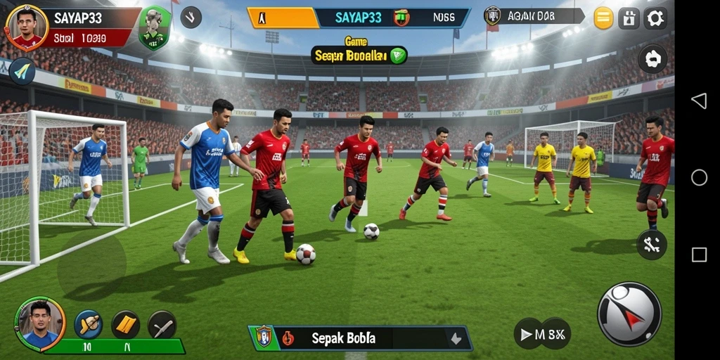 Antarmuka menyerupai stadion sepak bola dengan grafis yang tajam.